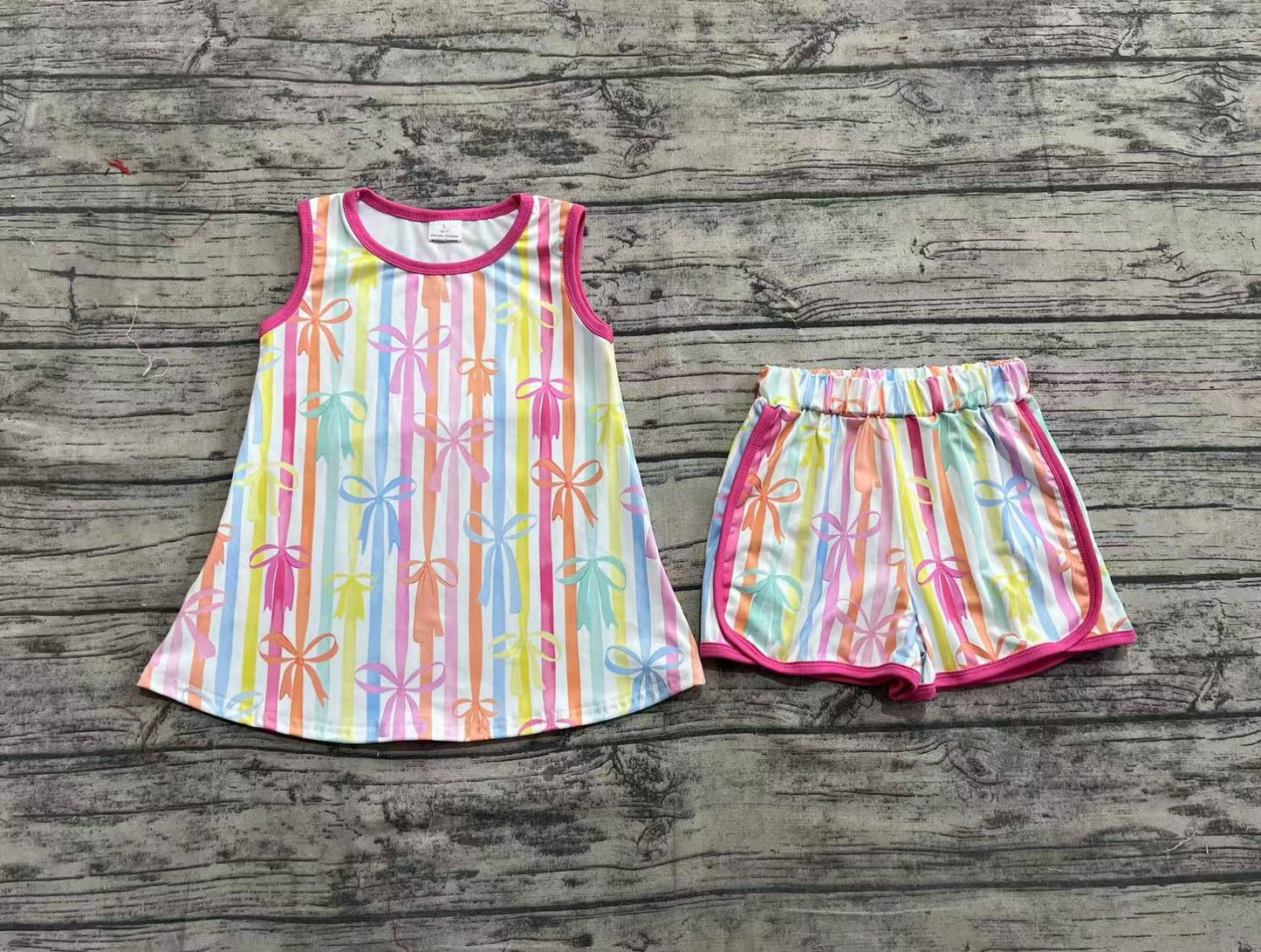 3.31 GSSO2465 Baby Girls Colorful Stripe Bows Tunic Short Set Pre order