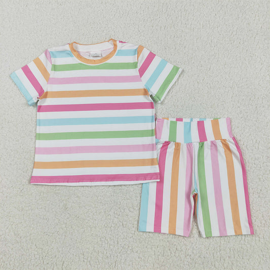 5.26 RTS NO MOQ Baby Girls Summer Sets GSSO2468 Colorful Stripes Top Short Pajamas Sets