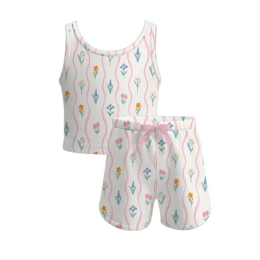 4.3 GSSO2474 Baby Girls Sleeveless Floral Stripe Short Yoga Top Set Pre order