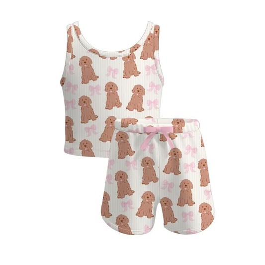 4.3 GSSO2475 Baby Girls Sleeveless Dogs Bows Short Yoga Top Set Pre order