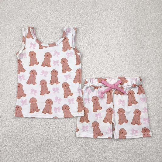 RTS NO MOQ Baby Girls Summer Sets GSSO2475 Sleeveless Dogs Bows Shorts Top Sets