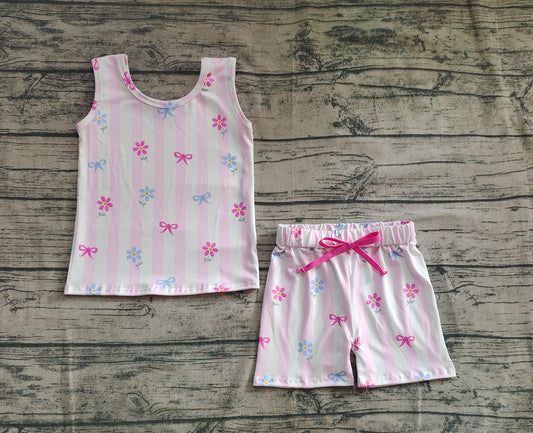 4.11  GSSO2476 Baby Girls Pink Stripe Sleeveless Bows Flowers Top Shorts Set Pre order