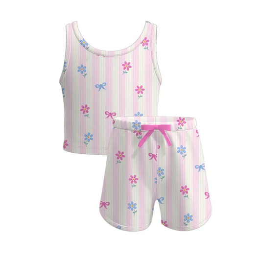 4.3 GSSO2476 Baby Girls Pink Stripe Sleeveless Bows Flowers Top Short Yoga Set Pre order