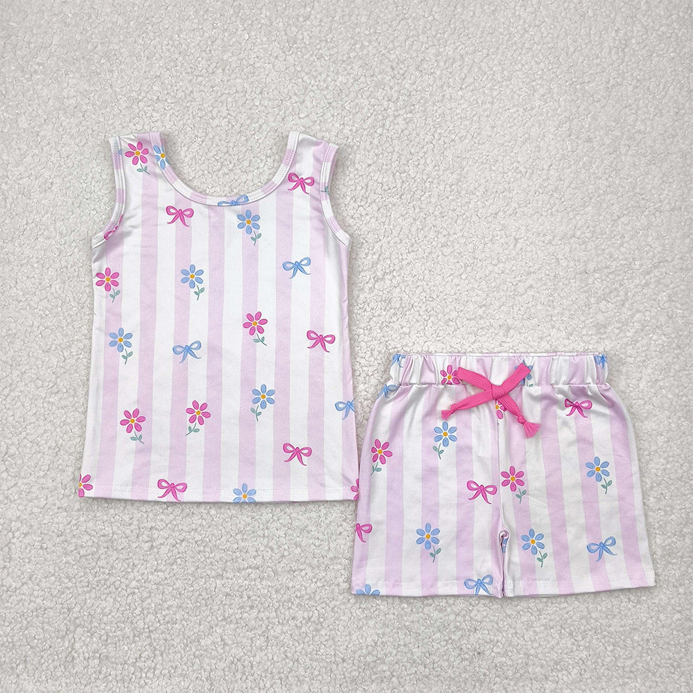 RTS NO MOQ Baby Girls Summer Sets GSSO2476 Pink Stripe Sleeveless Bows Flowers Top Shorts Sets