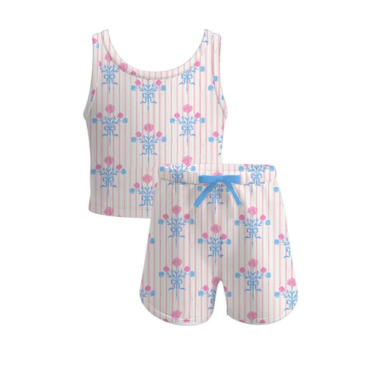 4.3 GSSO2477 Baby Girls Pink Stripe Sleeveless Flowers Top Short Yoga Set Pre order