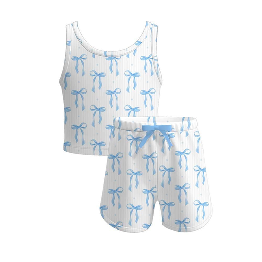 4.3 GSSO2478 Baby Girls Sleeveless Blue Bows Top Short Yoga Set Pre order