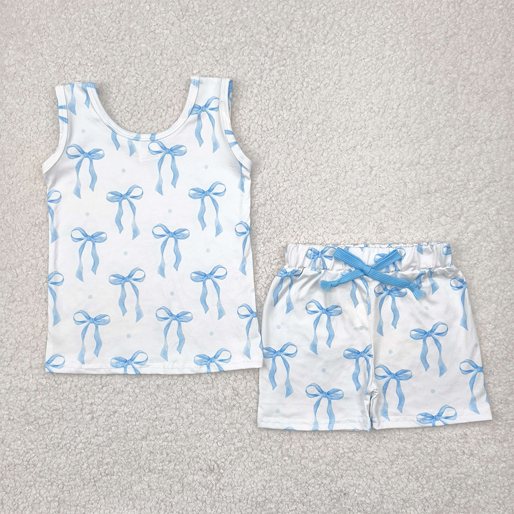 RTS NO MOQ Baby Girls Summer Sets GSSO2478 Sleeveless Blue Bows Top Shorts Sets