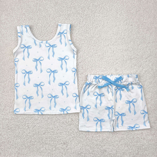 RTS NO MOQ Baby Girls Summer Sets GSSO2478 Sleeveless Blue Bows Top Shorts Sets