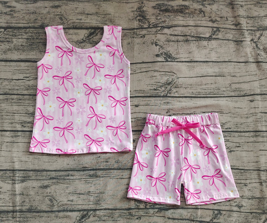 4.11  GSSO2479 Baby Girls Sleeveless Pink Bows Flowers Top Short Set Pre order