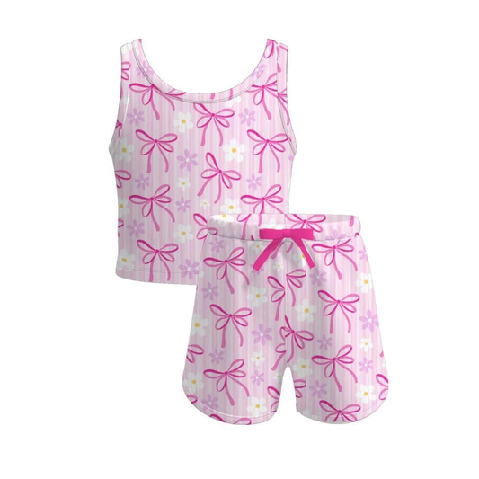 4.3 GSSO2479 Baby Girls Sleeveless Pink Bows Flowers Top Short Yoga Set Pre order