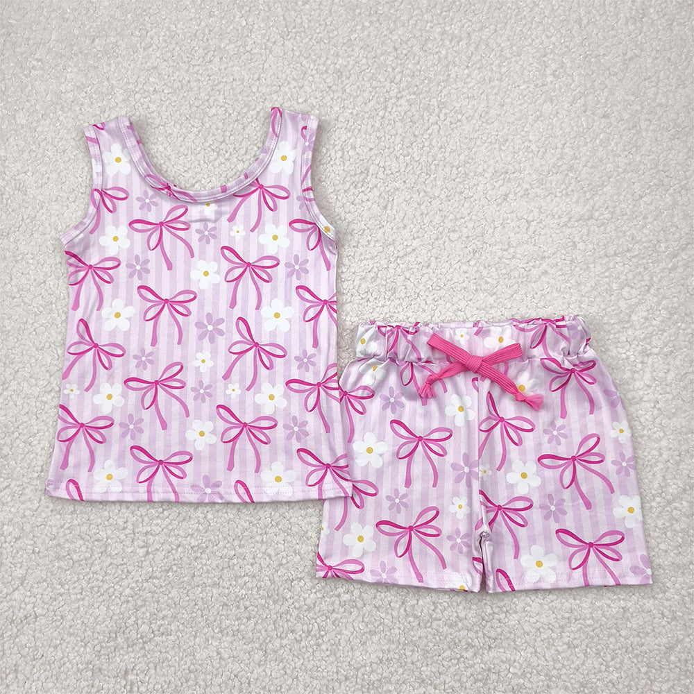 RTS NO MOQ Baby Girls Summer Sets GSSO2479 Sleeveless Pink Bows Flowers Top Short Sets