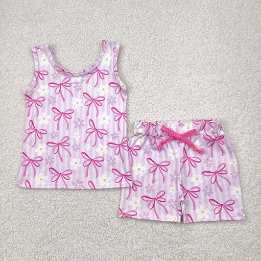 RTS NO MOQ Baby Girls Summer Sets GSSO2479 Sleeveless Pink Bows Flowers Top Short Sets
