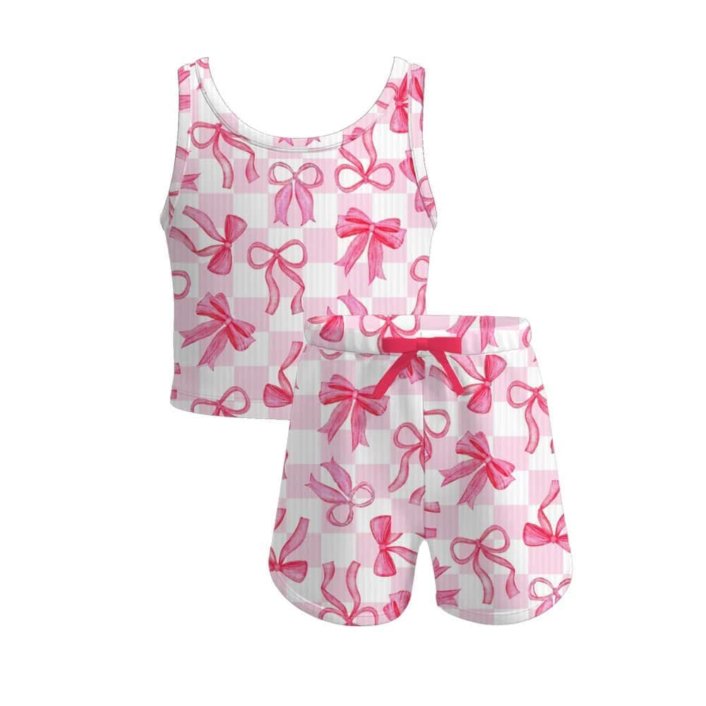 4.3 GSSO2480 Sleeveless pink bow plaid kids girls summer clothes