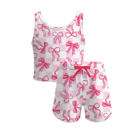4.3 GSSO2480 Sleeveless pink bow plaid kids girls summer clothes