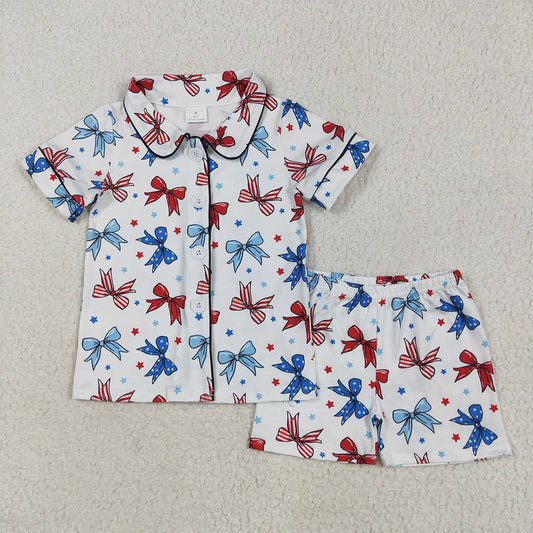 5.16 RTS NO MOQ Baby Girls Summer Sets GSSO2484 Blue Red Bows Button Top Short 4th Of July Pajamas Sets