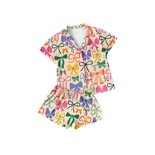 4.7 GSSO2487 Baby Girls Colorful Bows Button Pocket Top Short Pajamas Set Pre order
