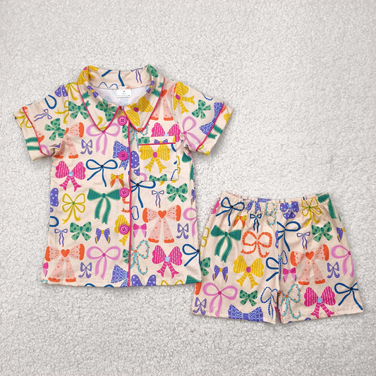 RTS NO MOQ Baby Girls Summer Sets GSSO2487 Colorful Bows Button Pocket Top Short Pajamas Sets
