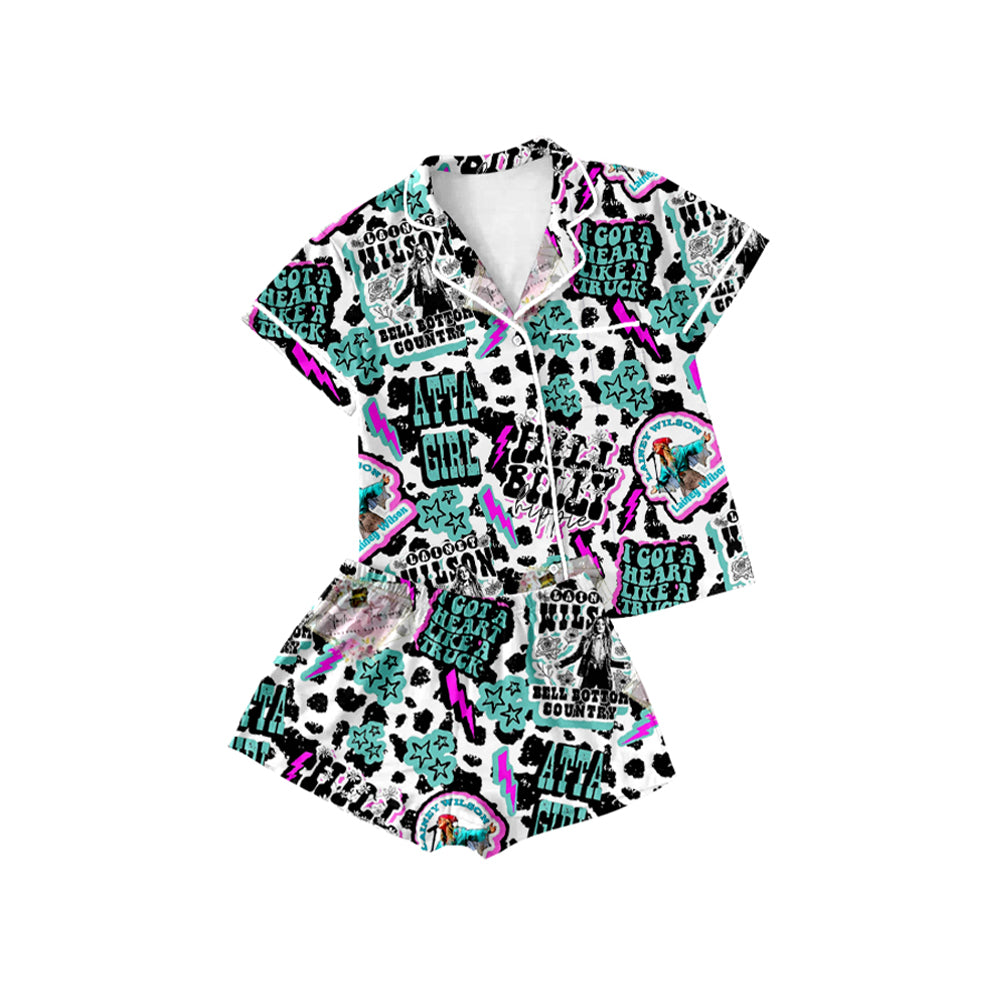 4.7 GSSO2488 Baby Girls Cow Print Atta Girl Button Pocket Top Short Pajamas Set Pre order