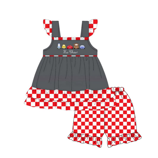 4.7 GSSO2493 Baby Girls Cartoon Cars Tunic Red Plaid Short Set Pre order