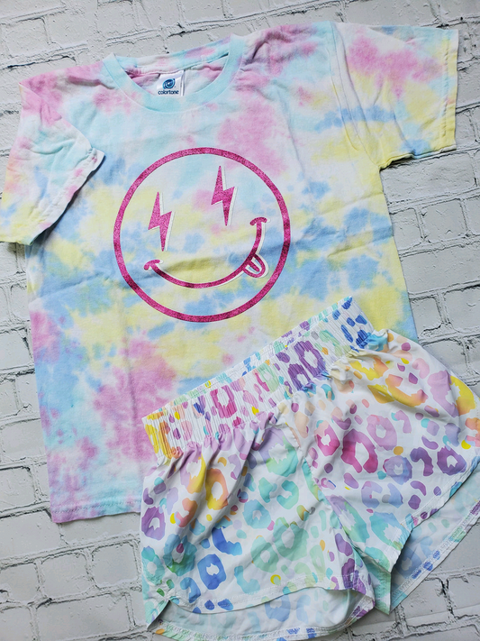 4.7 GSSO2495 Baby Girls Tie-dye Smile Top Colorful Leopard Shorts Sets Pre order