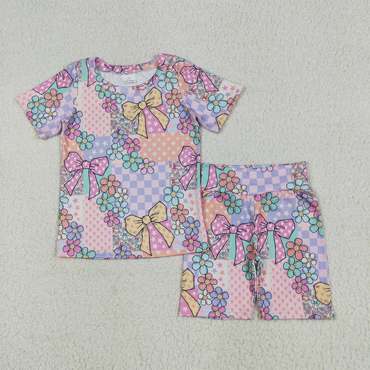 6.7 RTS NO MOQ Baby Girls Summer Sets GSSO2509 Pink Flowers Plaid Top Short Biking Sets