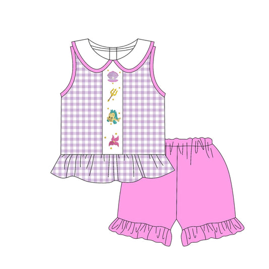 4.7 GSSO2510 Baby Girls Lavender Plaid Cartoon Fish Tunic Ruffle Short Set Pre order