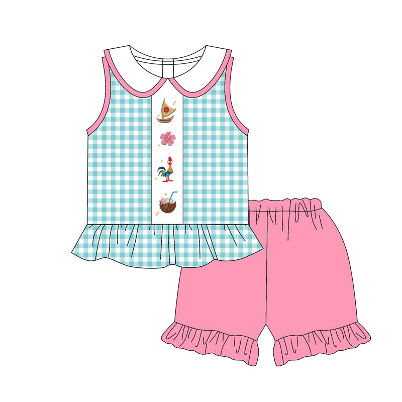 4.7 GSSO2511 Baby Girls Blue Plaid Floral Boat Tunic Ruffle Short Set Pre order