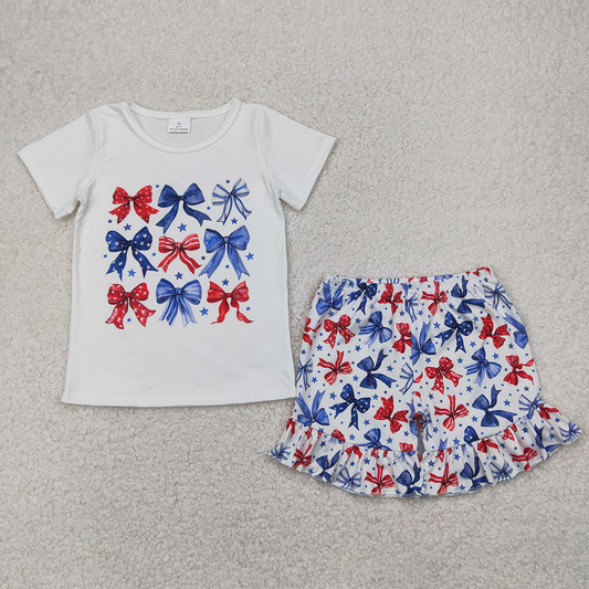 RTS NO MOQ Baby Girls Summer Sets GSSO2512 Blue Red Bows Stars Top Ruffle Shorts 4th Of July Sets