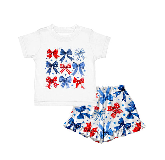 4.7 GSSO2512 Baby Girls Blue Red Bows Stars Top Ruffle Short 4th Of July Set Pre order