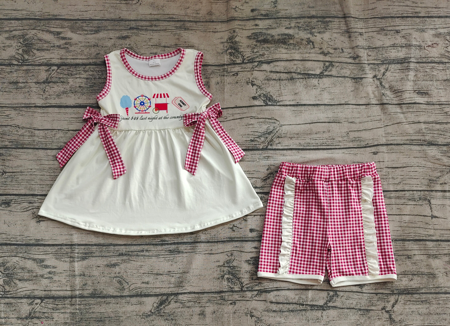 4.11  GSSO2518 Baby Girls Ice Cream Store Bows Tunic Red Plaid Ruffle Short Set Pre order