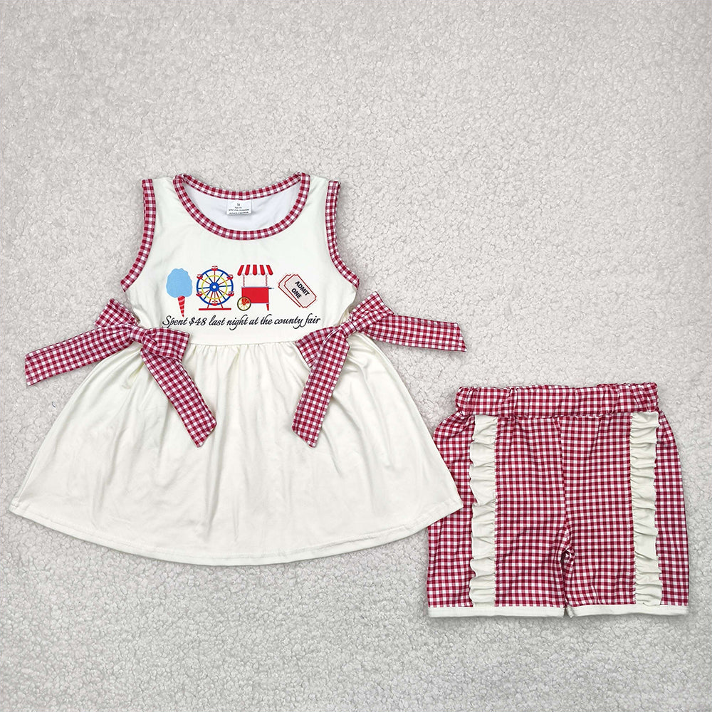 RTS NO MOQ Baby Girls Summer Sets GSSO2518 Ice Cream Store Bows Tunic Red Plaid Ruffle Shorts Sets
