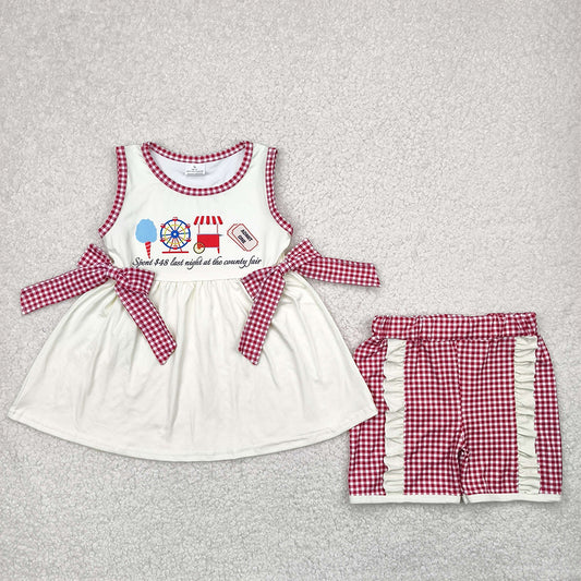 RTS NO MOQ Baby Girls Summer Sets GSSO2518 Ice Cream Store Bows Tunic Red Plaid Ruffle Shorts Sets