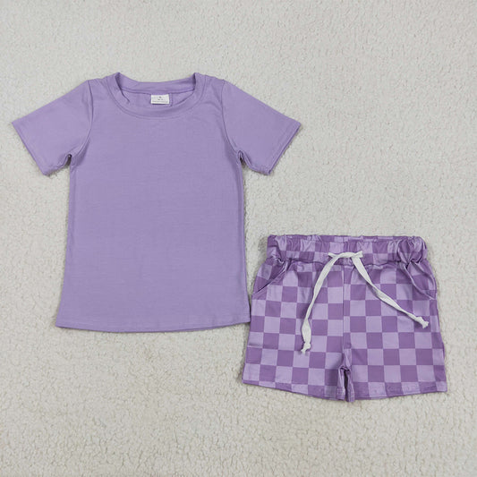 RTS NO MOQ Baby Girls Summer Sets GSSO2524 Lavender Short Sleeves Top Plaid Shorts Sets