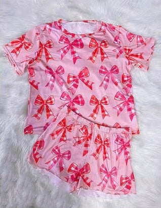 3.28 GSSO2528 Baby Girls Pink Short Sleeves Bows Top Short Pajamas Set Pre order