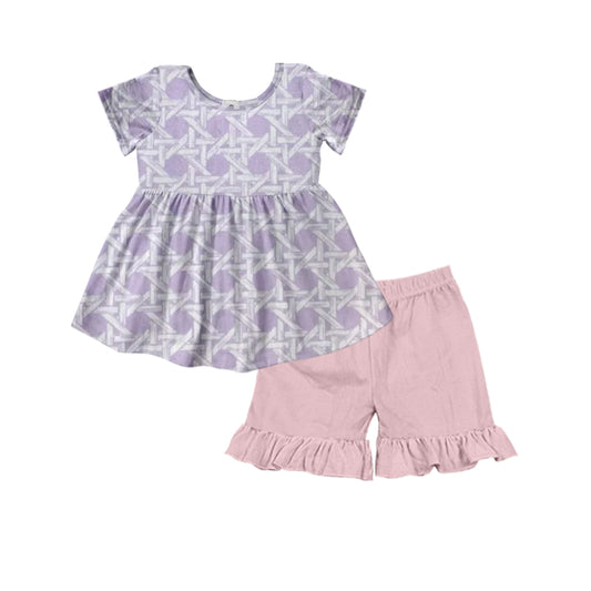 3.28 GSSO2529 Baby Girls Lavender Short Sleeves Plaid Tunic Pink Ruffle Short Set Pre order