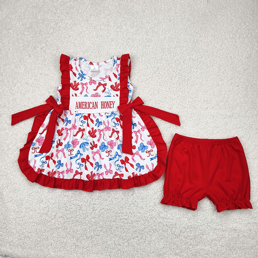 RTS NO MOQ Baby Girls Summer Sets GSSO2538 American Honey Red Blue Bows Tunic Ruffle Short 4th Of July Sets
