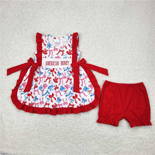 RTS NO MOQ Summer Sibling Baby Girls American Honey Bows 4th Of July Rompers Outfits