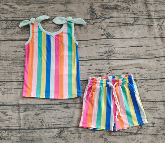 4.11  GSSO2540 Baby Girls Sleeveless Colorful Stripe Top Pockets Short Set Pre order