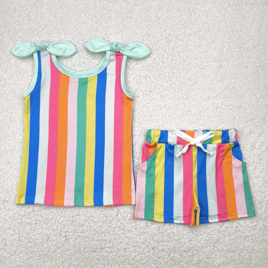 RTS NO MOQ Summer Sibling Baby Girls Sleeveless Colorful Stripe Bows Top Shorts Sets