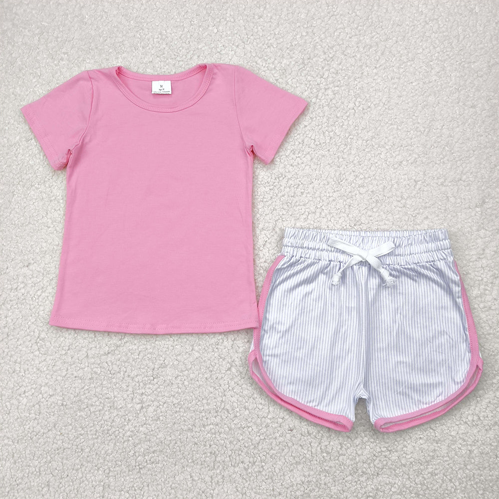 RTS NO MOQ Baby Girls Summer Sets GSSO2543 Pink Short Sleeves Top Stripes Shorts Sets