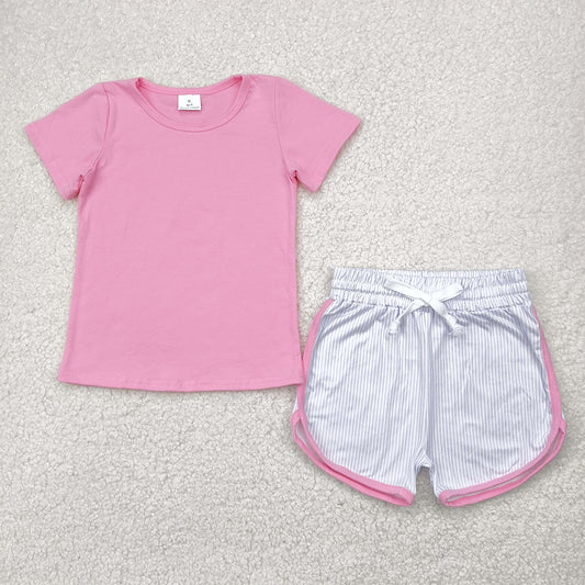 RTS NO MOQ Baby Girls Summer Sets GSSO2543 Pink Short Sleeves Top Stripes Shorts Sets