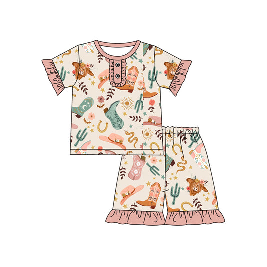 4.4 GSSO2548 Baby Girls Peach Highland Cows Boots Button Top Short Pajamas Set Pre order