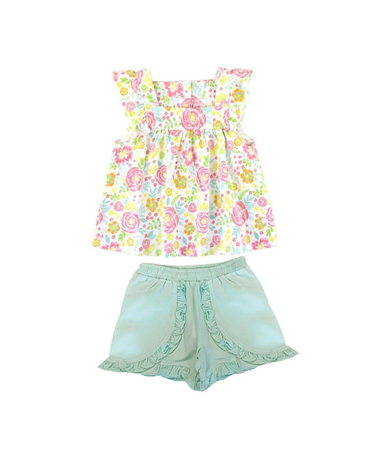4.4 GSSO2549 Baby Girls Flutter Sleeves Yellow Pink Floral Tunic Aqua Ruffle Short Set Pre order
