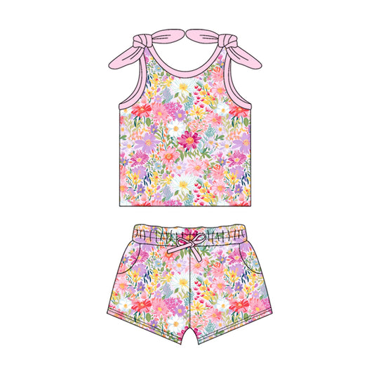 4.4 GSSO2551 Baby Girls Pink Bows Strap Floral Top Pockets Short Set Pre order