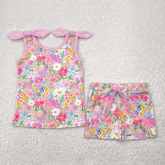 RTS NO MOQ Baby Girls Summer Sets GSSO2551 Pink Bows Strap Floral Top Pockets Shorts Sets