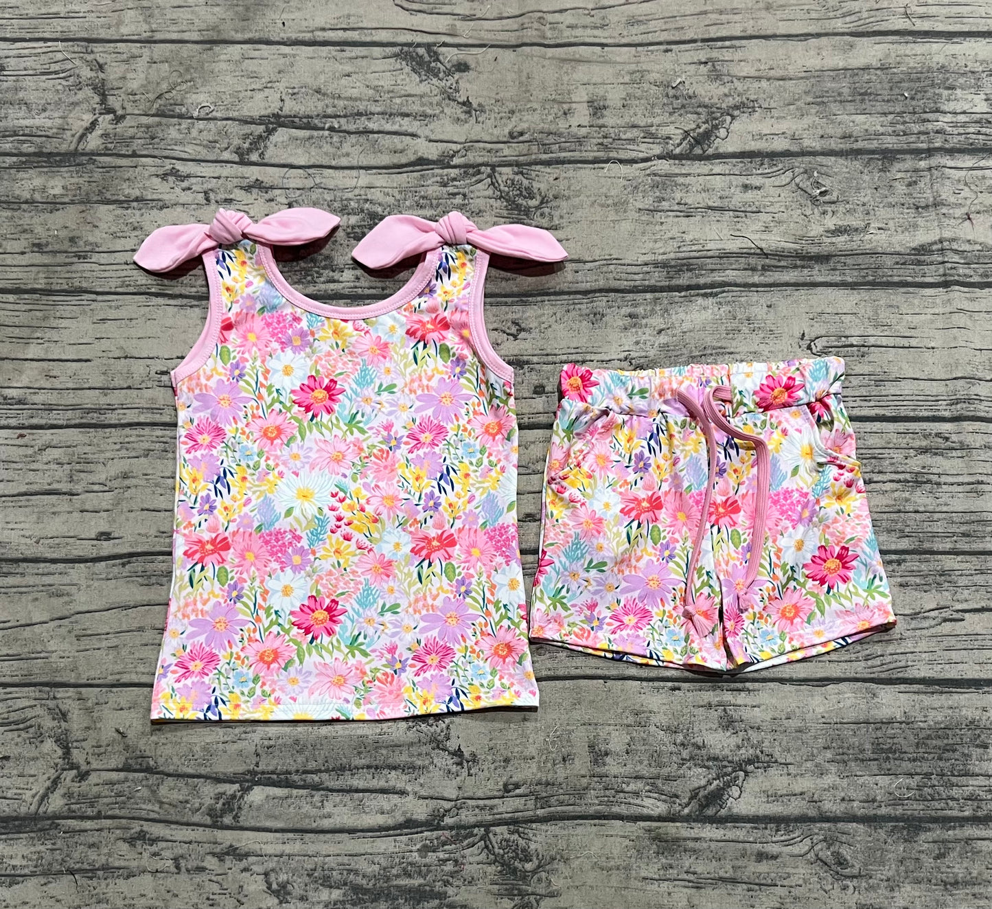 4.18 GSSO2551 Baby Girls Pink Bows Strap Floral Top Pockets Short Set Pre order