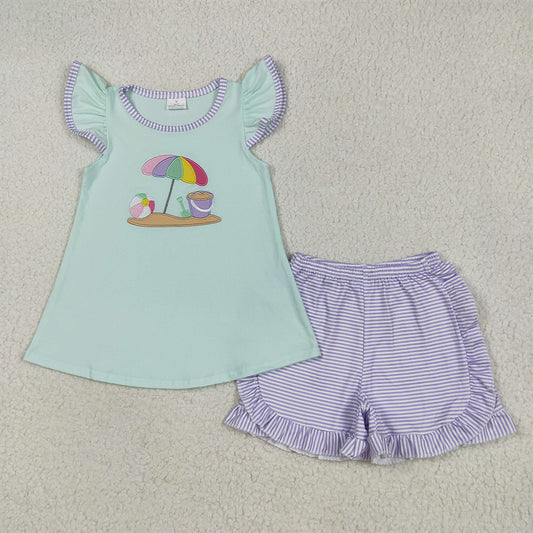 6.2 RTS NO MOQ Baby Girls Summer Sets GSSO2553 Flutter Sleeves Beach Tunic Lavender Stripe Shorts Sets