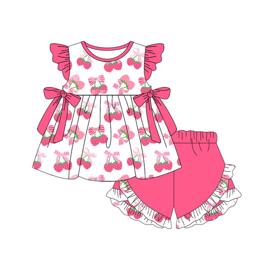 4.4 GSSO2554 Baby Girls Pink Flutter Sleeves Bows Strawberry Tunic Ruffle Short Set Pre order