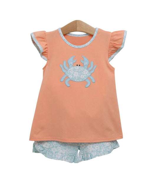 4.4 GSSO2555 Baby Girls Orange Flutter Sleeves Crab Tunic Floral Ruffle Short Set Pre order