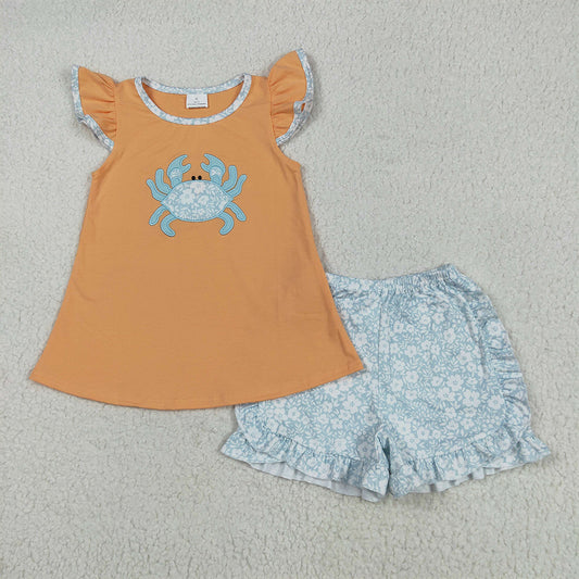 5.26 RTS NO MOQ Baby Girls Summer Sets GSSO2555 Embroidery Orange Crab Tunic Floral Ruffle Short Sets